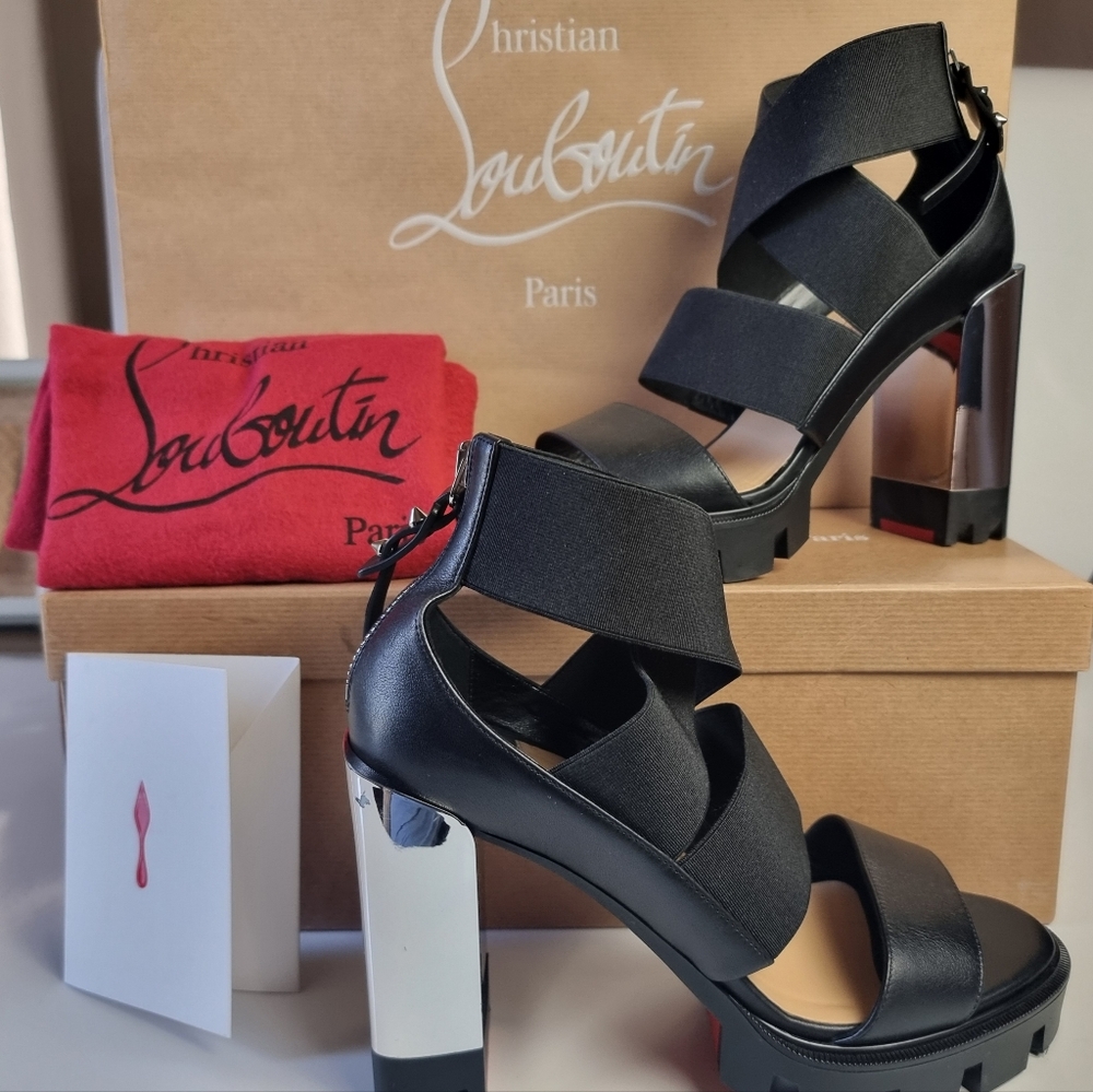 Christian Louboutin Patrouiagoma Platform Black & Nickel Sz. 38 W/elastic Straps